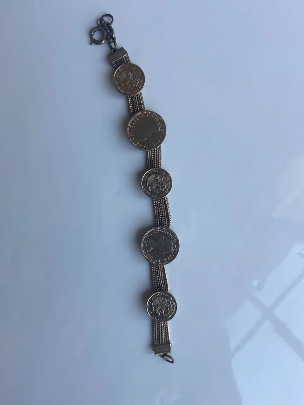 Vintage British & Mexican Coin Bracelet 1956 Queen Elizabeth II 5 Strand 7.5”